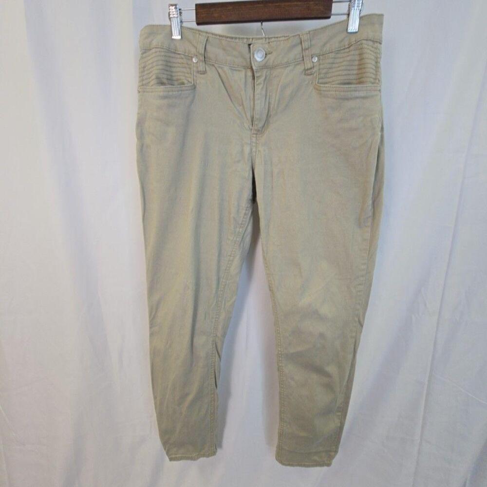New Directions Pants Womens 12 Beige Twill Slim Ankle Stretch Moto Embroidered